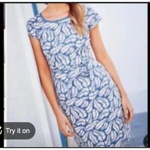 Boden Dress Size 4 botanical print Blue Cream Lined Cap Sleeve Missing Belt